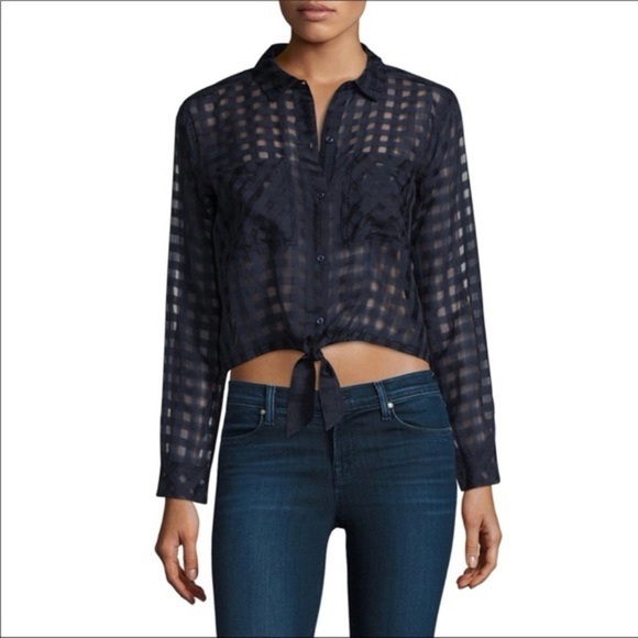 Rails Women’s Sheer Checkered Navy Button-Down Tie Front Shirt, Size XS - Picture 1 of 10